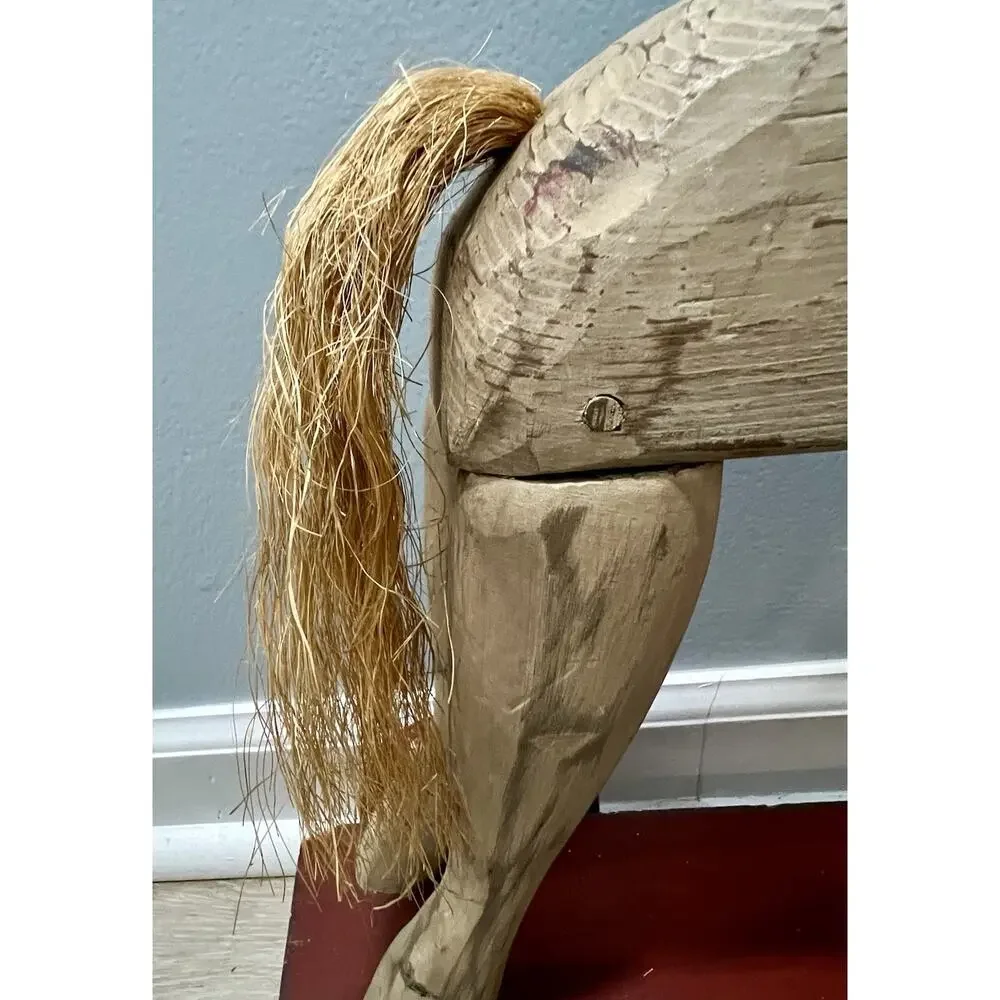 Antique Primitive Folk Art Wooden Horse Pull Toy on Wheels Leather Saddle 22”